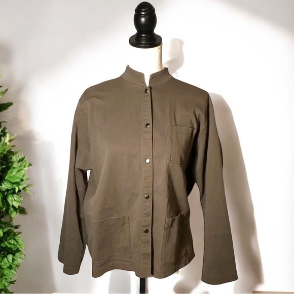 EILEEN FISHER Organic Cotton Mandarin Collar Olive Green Utility Shacket - Picture 2 of 10